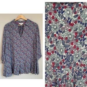 Vintage America Blouse Top Button Down Size 1X Ditsy Floral Ruffle Casual Office